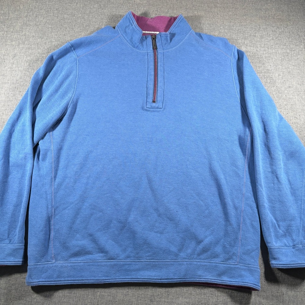 Tommy Bahama Quarter Zip Pullover Mens XXL Blue Textured Cotton Tencel Sweater